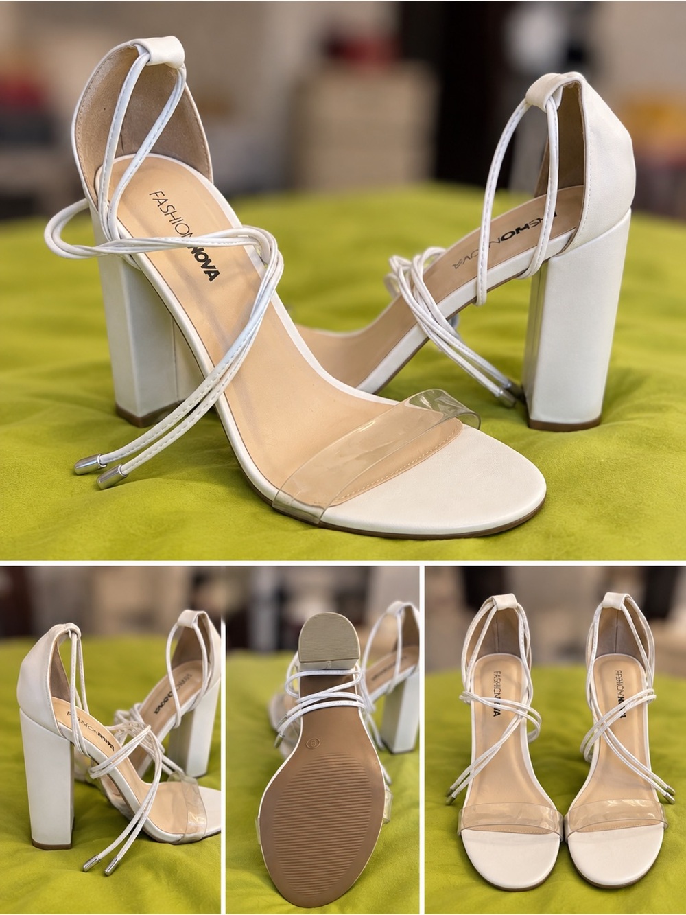 Fashion Nova White Strappy Clear Band Block Heels